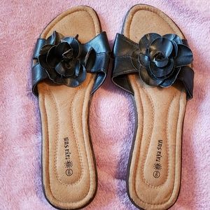 Black Faux Leather Slides